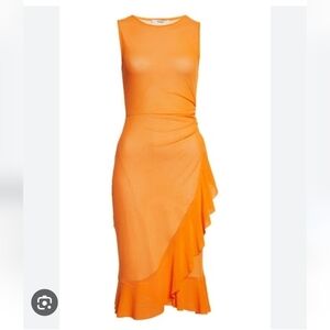 NWT Fuzzi Ruffle Mesh midi Dress in Minio Orange‎ L